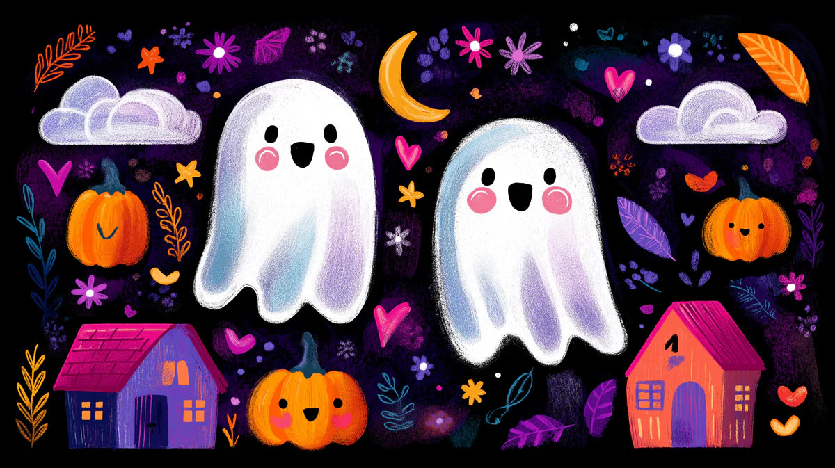 Whimsical Ghost and Pumpkin Mural Wallpaper — Playful Night Dream Mural Wallpaper - room preview 02