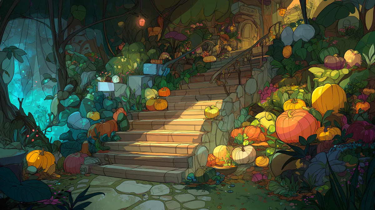 Enchanted Pumpkin Stairway Mural Wallpaper — Whimsical Garden Scene Mural Wallpaper - room preview 02