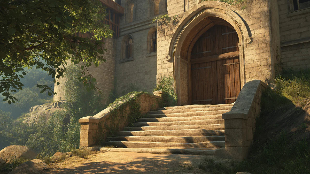 Stone Cottage Stairway Mural Wallpaper — Whimsical Forest Scene Mural Wallpaper - room preview 02