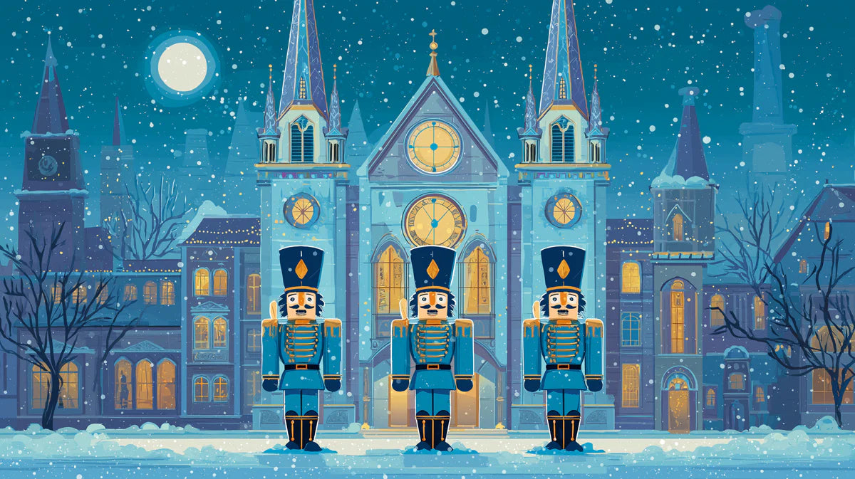 Winter Town Nutcracker Guard Mural Wallpaper — Holiday Night Scene Mural Wallpaper - room preview 02