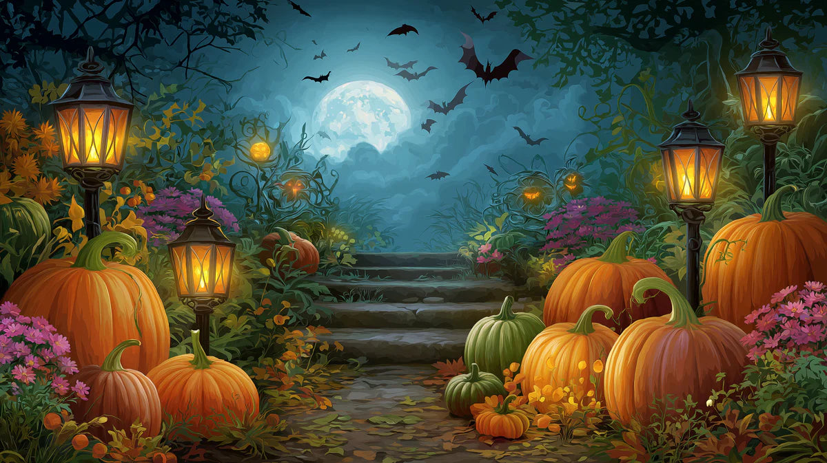 Midnight Pumpkin Patch Mural Wallpaper with Glowing Lanterns Mural Wallpaper - room preview 02