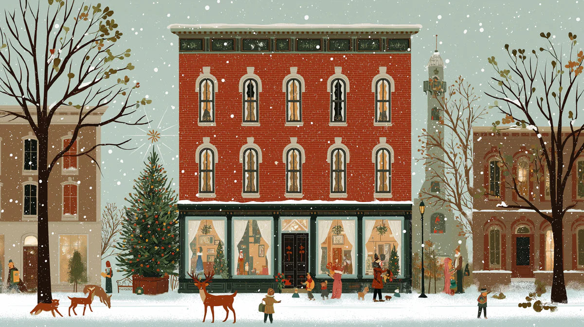 Snowy Christmas Town Street Mural Wallpaper — Whimsical Holiday Scene Mural Wallpaper - room preview 02