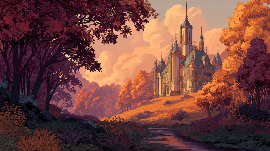 Landscape Wallpaper Mural – Scenery Wall Mural – Autumnal Fortress — Romantic Landscape Design printable artwork
