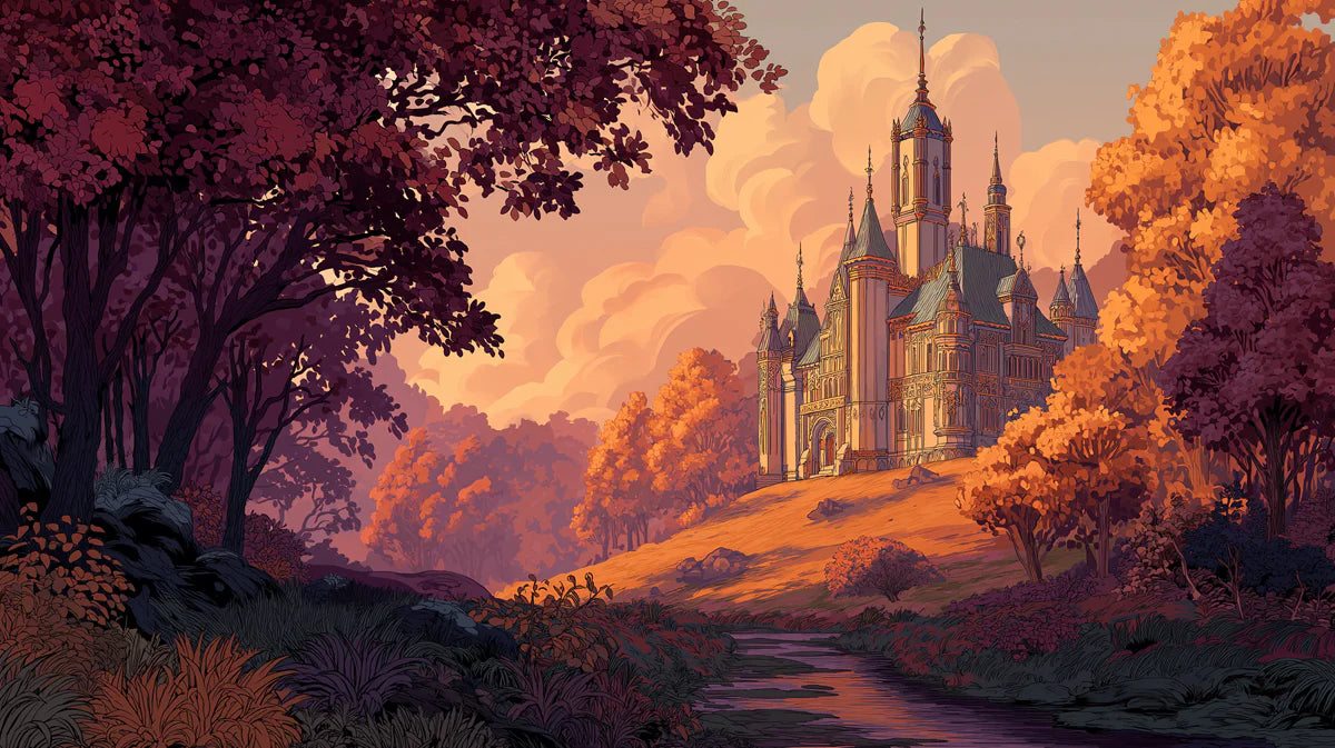 Autumnal Fortress Mural Wallpaper — Romantic Landscape Design Mural Wallpaper - room preview 02