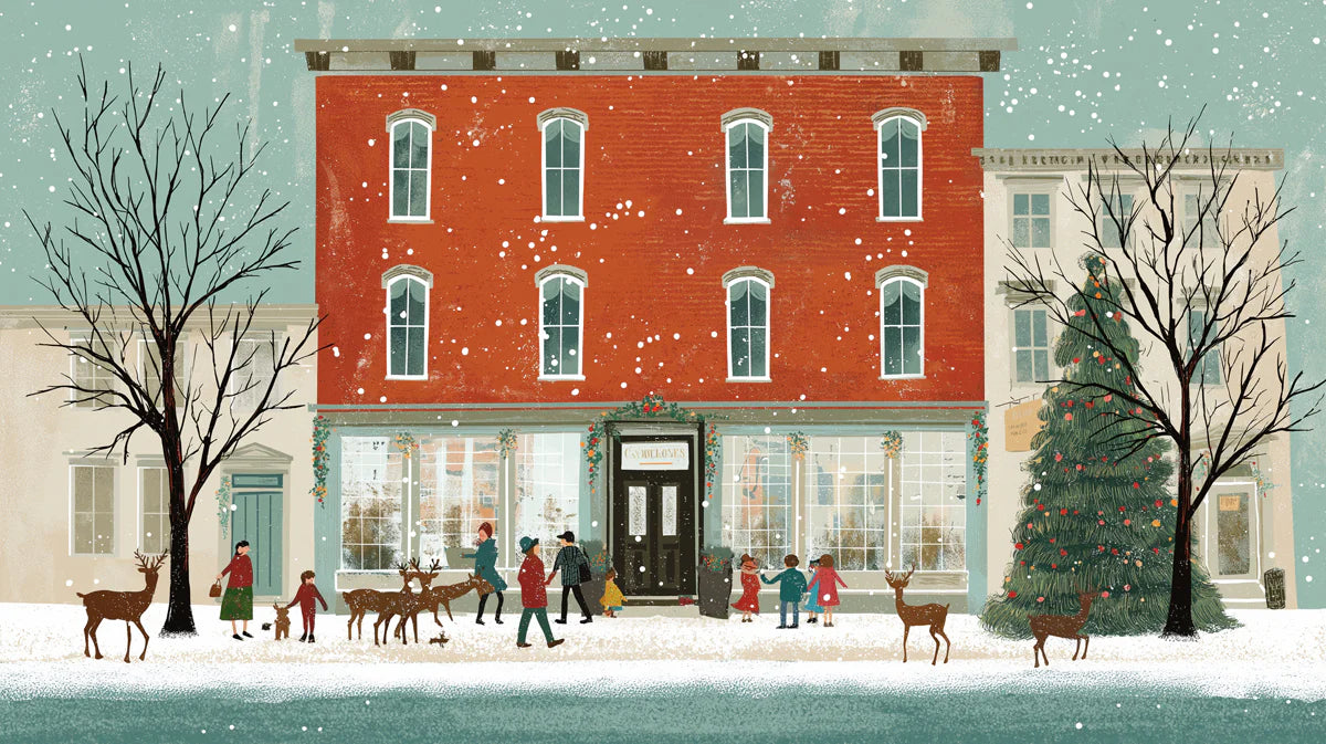 Winter City Streetscape Mural Wallpaper — Whimsical Holiday Scene Mural Wallpaper - room preview 02