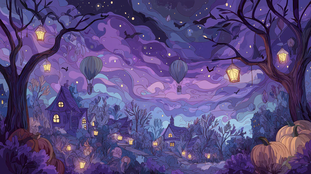 Purple Night Village Mural Wallpaper — Whimsical Landscape Art Mural Wallpaper - room preview 02