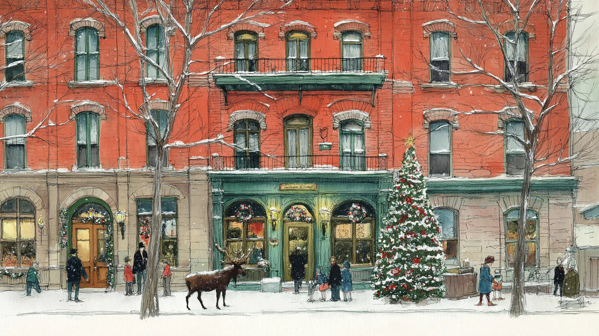 Snowy Holiday Town Square Mural Wallpaper — Whimsical Festive Scene Mural Wallpaper - room preview 02