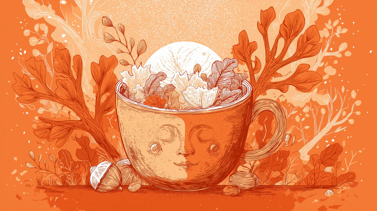 Autumnal Mug Face Mural Wallpaper — Whimsical Fall Illustration Mural Wallpaper - room preview 02
