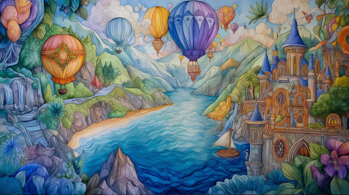 Fantasy Valley Castle Mural Wallpaper with Floating Hot Air Balloons Mural Wallpaper - room preview 02