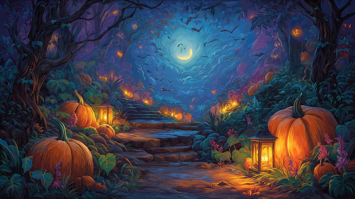 Midnight Pumpkin Forest Mural Wallpaper — Whimsical Night Landscape Mural Wallpaper - room preview 02