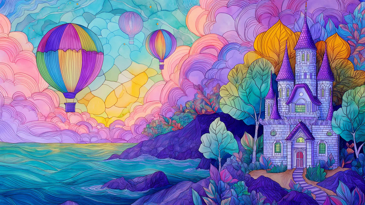 Fantasy Castle & Hot Air Balloon Mural Wallpaper — Dreamy Coastal Art Mural Wallpaper - room preview 02