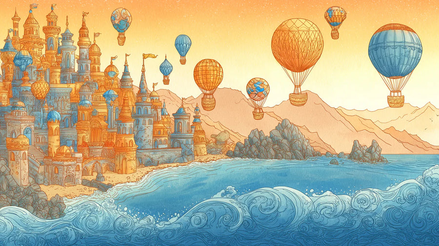 Küstenburg & Heißluftballon Wandtapete – Mittelmeer-Traum Wandtapete printable artwork
