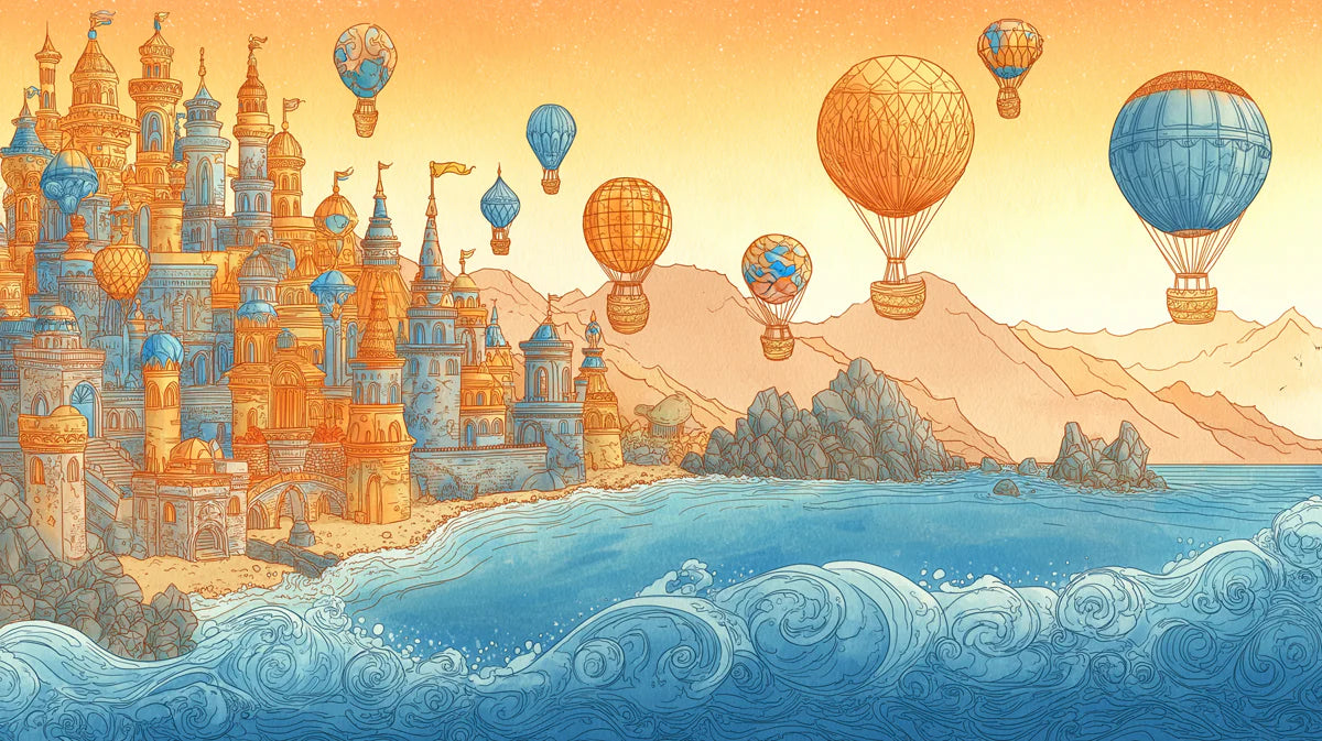 Coastal Castle & Hot Air Balloon Mural Wallpaper — Mediterranean Dream Mural Wallpaper - room preview 02