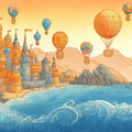 Coastal Castle & Hot Air Balloon Mural Wallpaper — Mediterranean Dream Mural Wallpaper - room preview 02