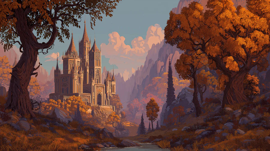 Landscape Wallpaper Mural – Scenery Wall Mural – Autumn Valley Castle — Romantic Landscape Art printable artwork
