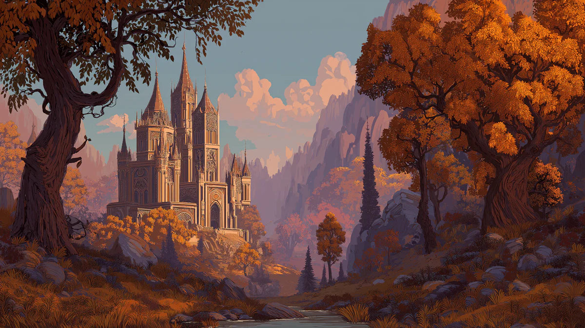 Autumn Valley Castle Mural Wallpaper — Romantic Landscape Art Mural Wallpaper - room preview 02