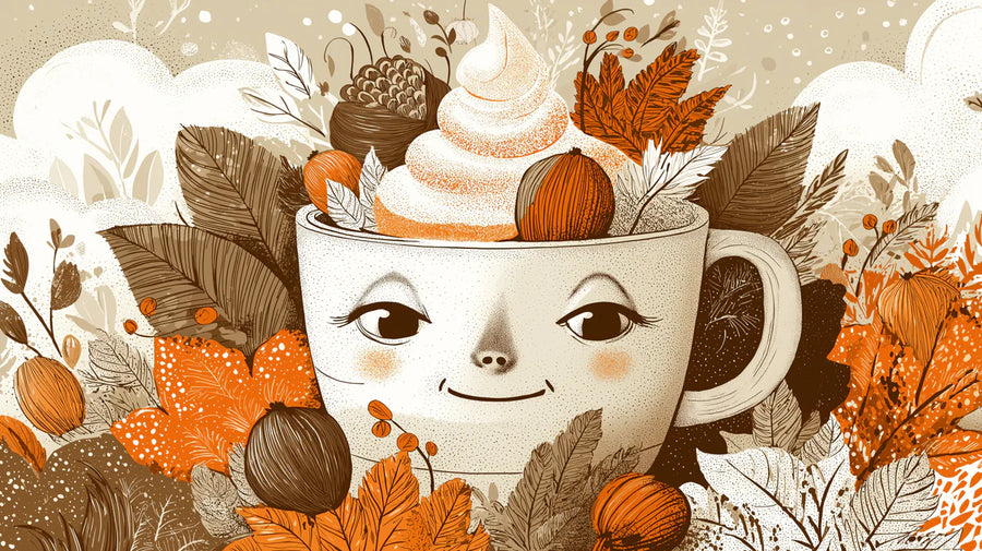 Painted Mural Wallpaper – Illustration Wall Mural – Autumn Whimsy Mug — Warm Seasonal Illustration printable artwork