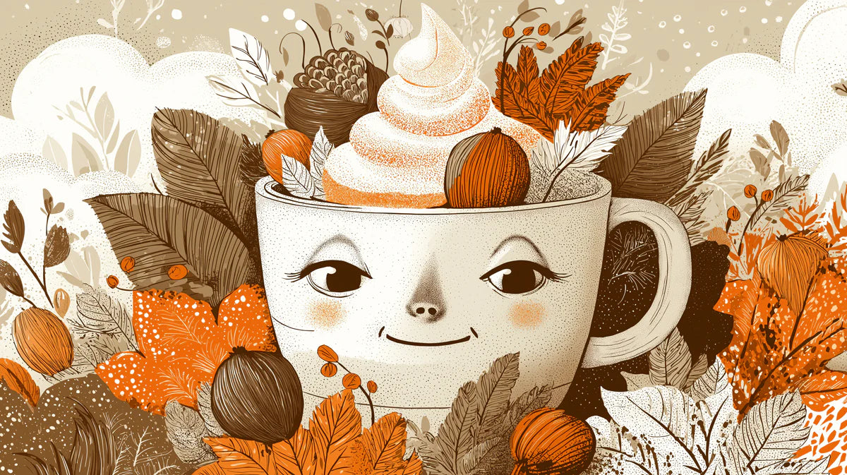 Autumn Whimsy Mug Mural Wallpaper — Warm Seasonal Illustration Mural Wallpaper - room preview 02