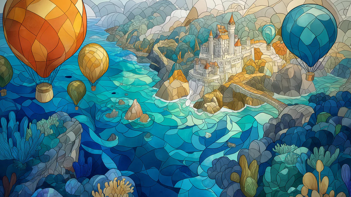 Stained Glass Coastal Castle Mural Wallpaper — Whimsical Fantasy Mural Wallpaper - room preview 02