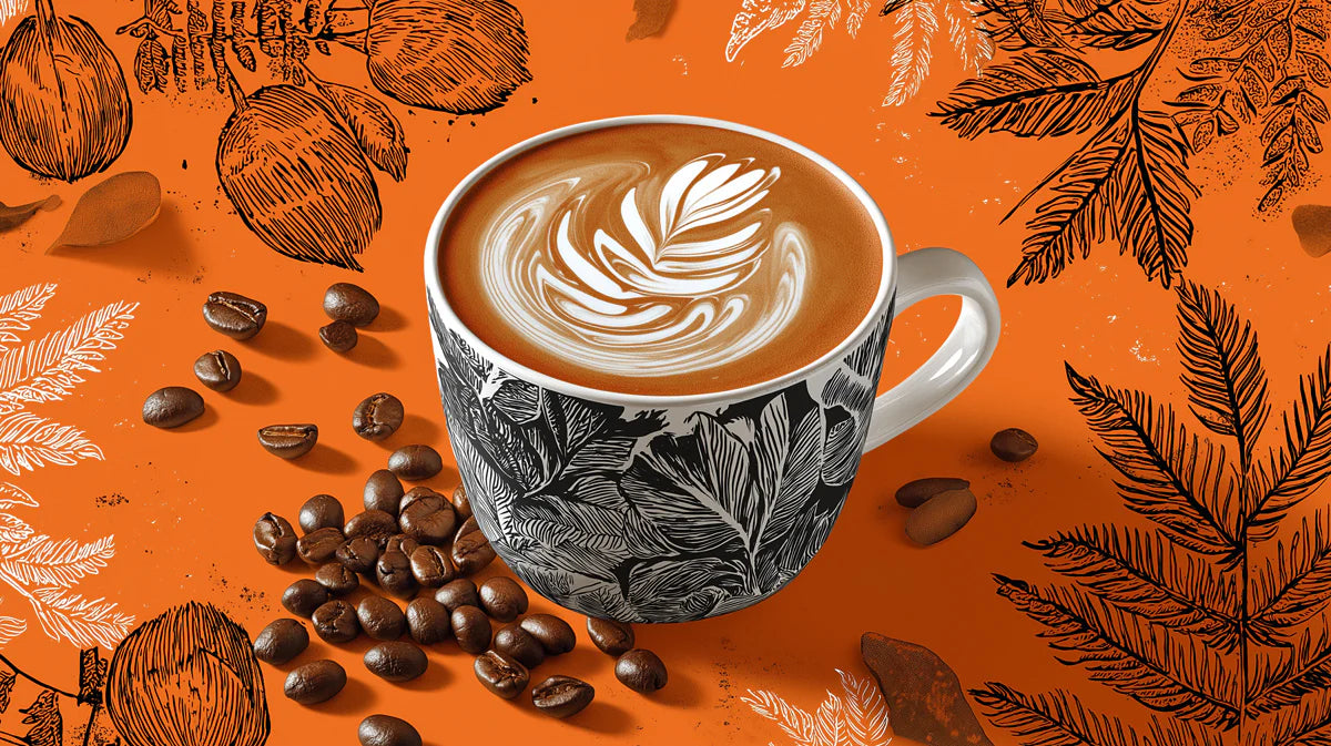 Barista Art Mural Wallpaper — Graphic Coffee Motif in Burnt Orange Mural Wallpaper - room preview 02