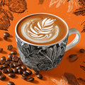 Barista Art Mural Wallpaper — Graphic Coffee Motif in Burnt Orange Mural Wallpaper - room preview 02