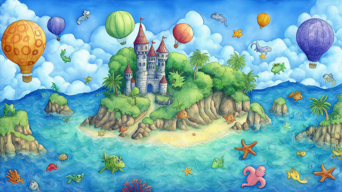 Island Castle and Marine Life Mural Wallpaper — Whimsical Storybook Art Mural Wallpaper - room preview 02