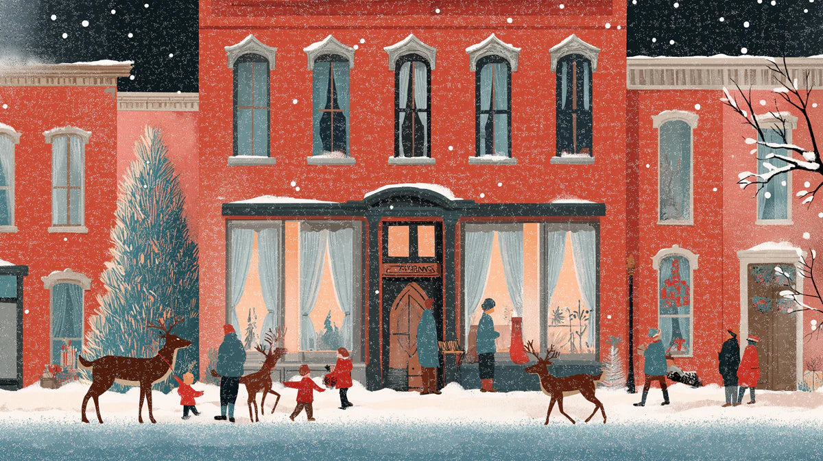 Snowy Village Street Mural Wallpaper — Festive Winter Town Scene Mural Wallpaper - room preview 02