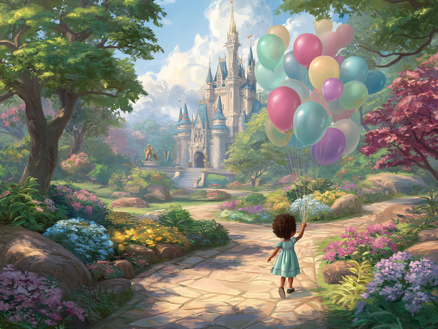 Kids Room Wallpaper Mural – Children Wall Mural – Fairytale Castle Path with Pastel Balloons printable artwork