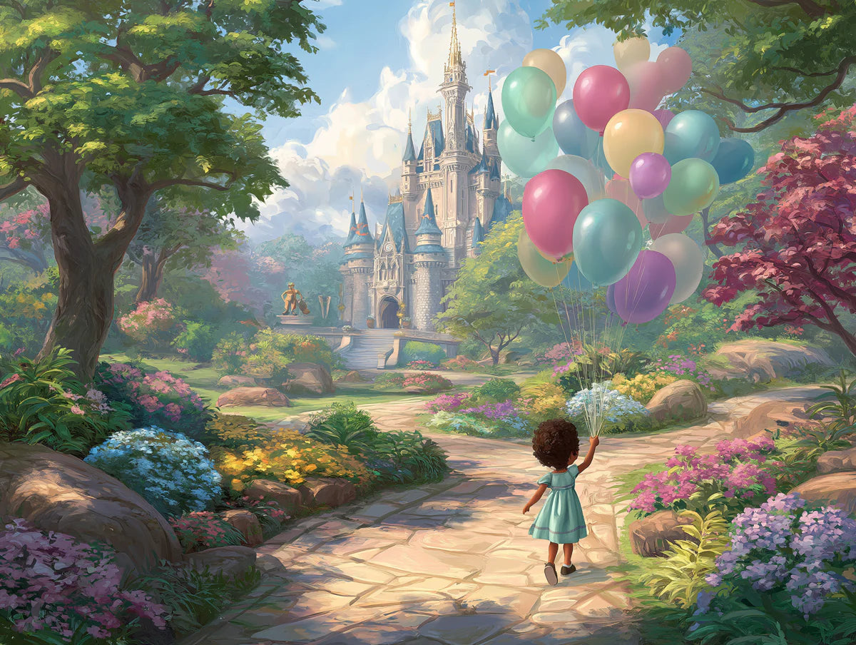 Fairytale Castle Path Mural Wallpaper with Pastel Balloons Mural Wallpaper - room preview 02