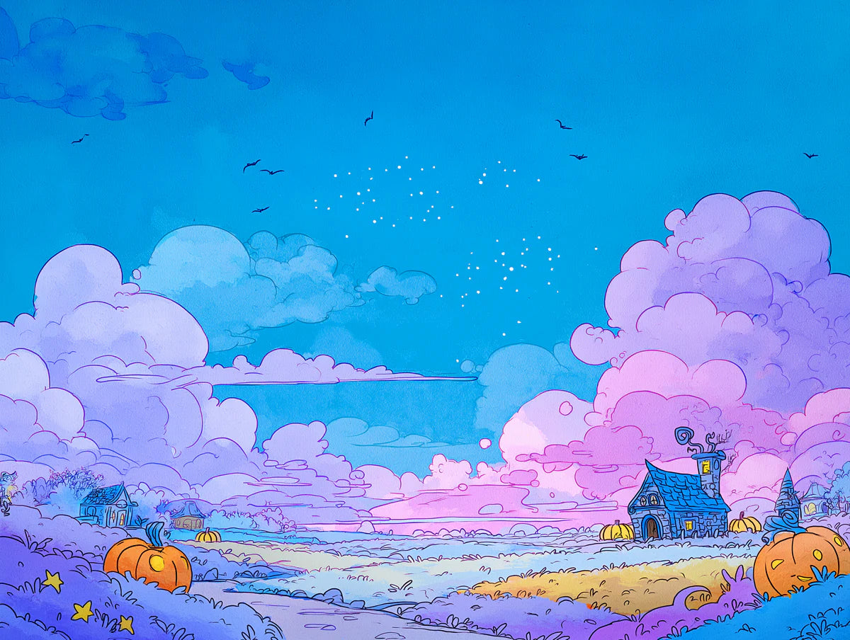 Whimsical Pumpkin Patch Mural Wallpaper — Pastel Twilight Landscape Mural Wallpaper - room preview 02