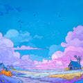 Whimsical Pumpkin Patch Mural Wallpaper — Pastel Twilight Landscape Mural Wallpaper - room preview 02