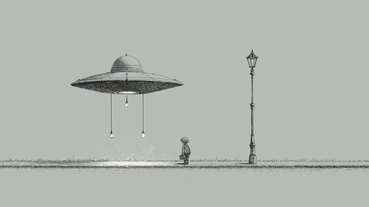 UFO Encounter Sketch Mural Wallpaper — Whimsical Minimalist Design Mural Wallpaper - room preview 02