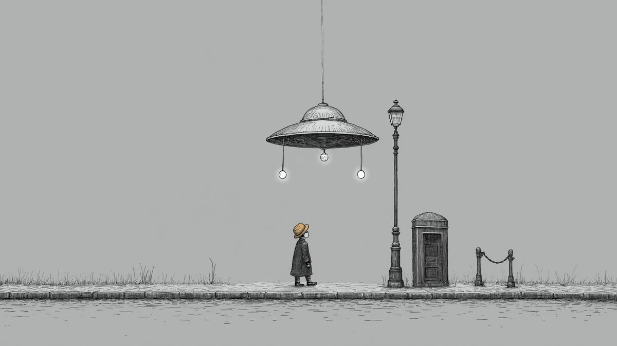 UFO Encounter Street Scene Mural Wallpaper — Minimalist Line Art Mural Wallpaper - room preview 02