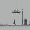 UFO Encounter Street Scene Mural Wallpaper — Minimalist Line Art Mural Wallpaper - room preview 02