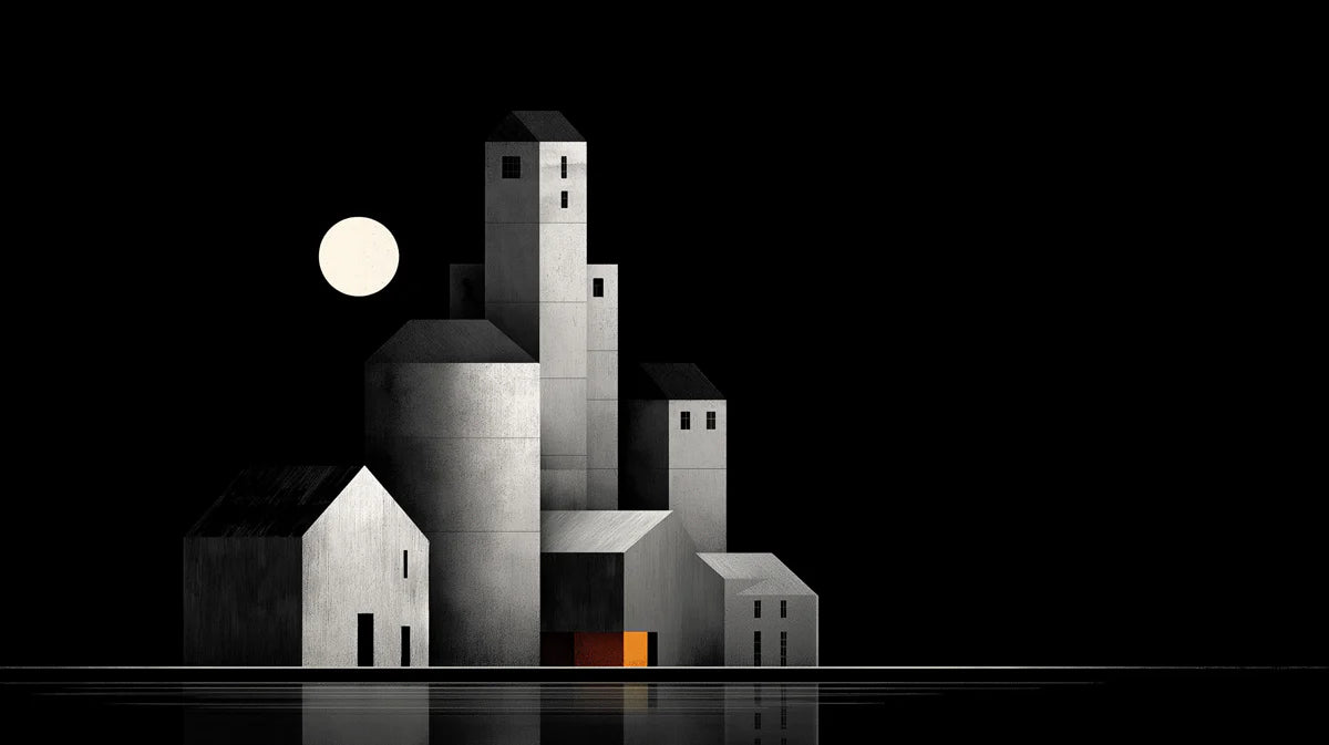Minimalist Lunar Cityscape Mural Wallpaper — Architectural Night Mural Wallpaper - room preview 02