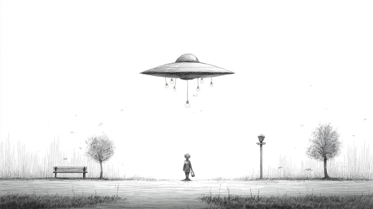 UFO Park Encounter Mural Wallpaper — Whimsical Minimalist Sketch Mural Wallpaper - room preview 02