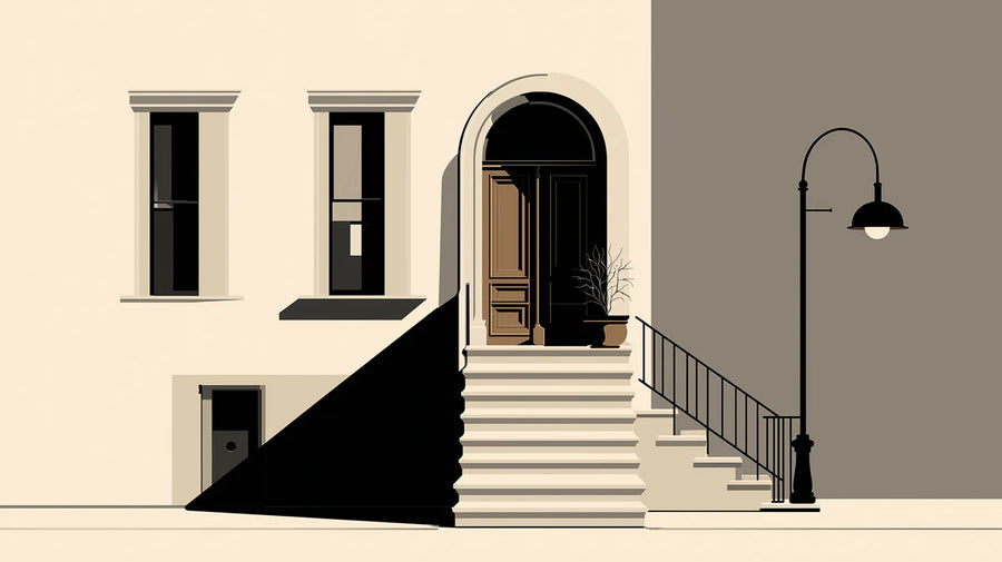 Minimalistische Urbane Straßenszene Tapete Abstraktes Stadthaus mit Schattenspiel Wandbild Tapete printable artwork