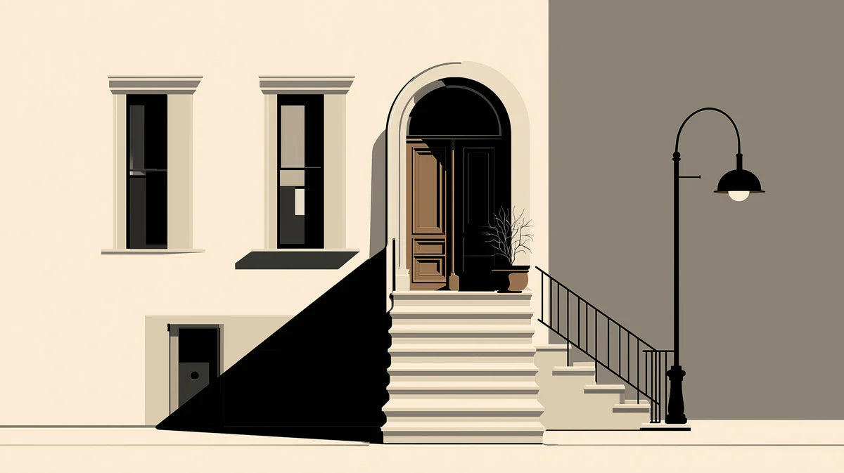 Minimalist Urban Street Scene Wallpaper Abstract Townhouse with Shadow Play Mural Wallpaper - room preview 02