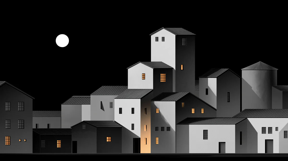 Minimalist Night Cityscape Wallpaper Abstract Town with Glowing Windows & Moon Mural Wallpaper - room preview 02