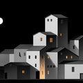 Minimalist Night Cityscape Wallpaper Abstract Town with Glowing Windows & Moon Mural Wallpaper - room preview 02