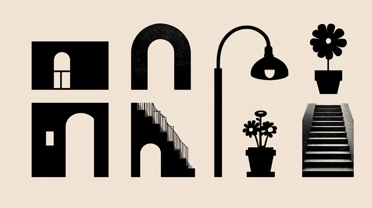 Minimalist Architectural Icons Mural Wallpaper — Graphic Black and Beige Mural Wallpaper - room preview 02