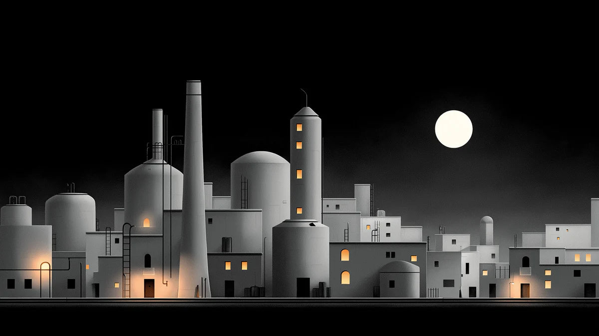 Minimalist Industrial Night Mural Wallpaper — Architectural Cityscape Mural Wallpaper - room preview 02