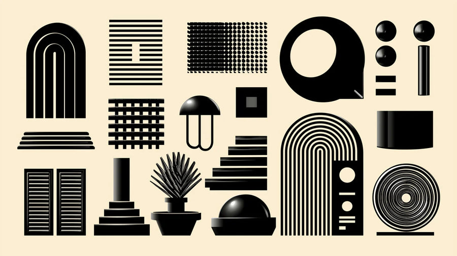 Papier peint mural motif art moderniste icônes géométriques noires abstraites printable artwork