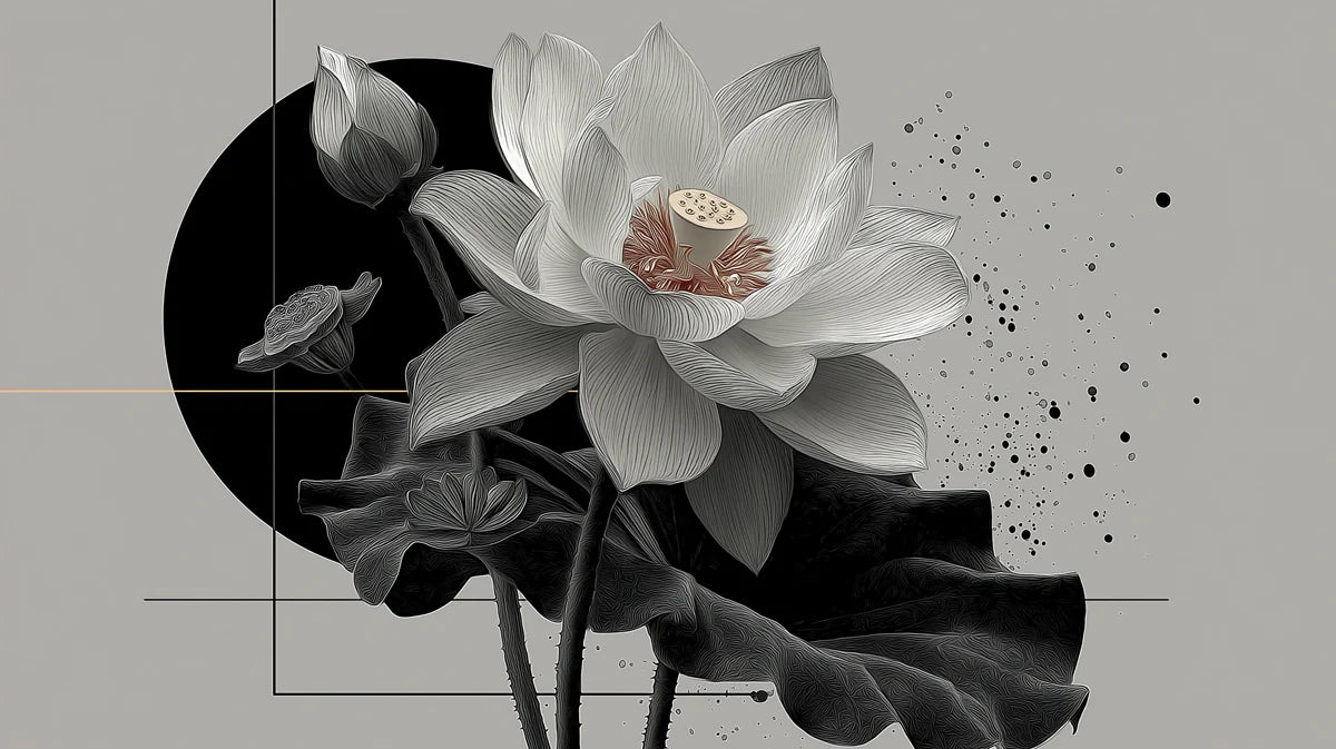 Minimalist Lotus Bloom Mural Wallpaper — Modern Botanical Art Mural Wallpaper - room preview 02