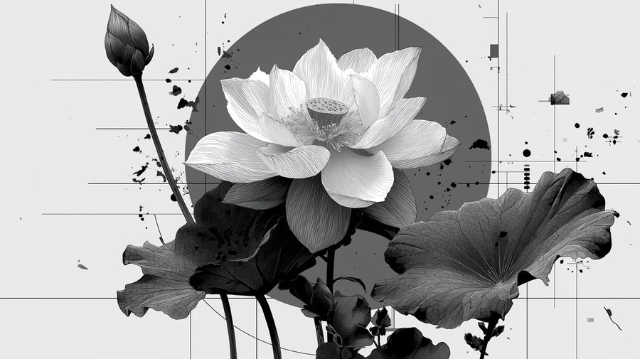 Monochrome Lotusblüten-Tapetenwandbild – Modernes, abstraktes botanisches Tapetenwandbild printable artwork