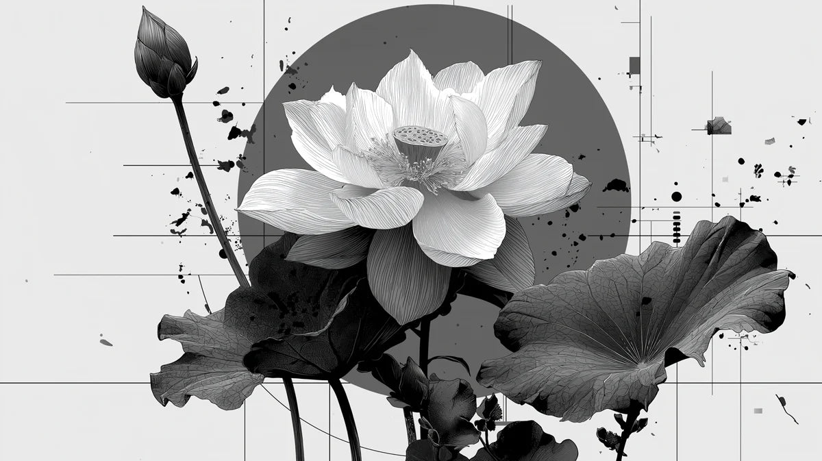 Monochrome Lotus Bloom Mural Wallpaper — Modern Abstract Botanical Mural Wallpaper - room preview 02