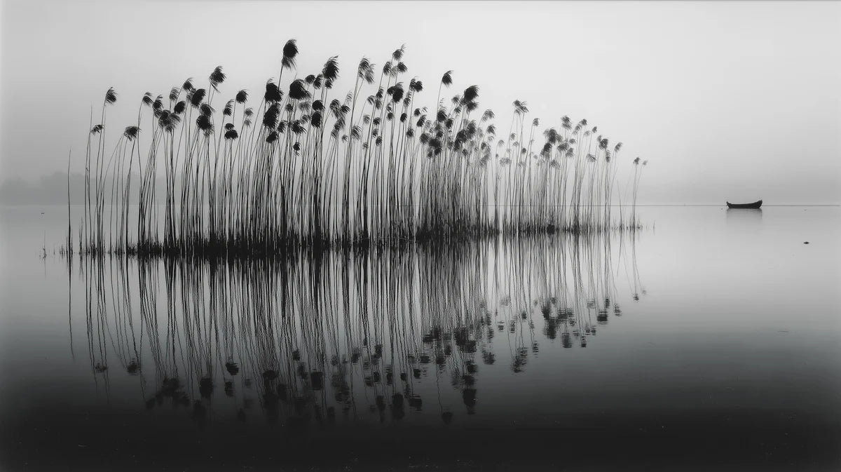 Mist-Covered Lake Reed Mural Wallpaper — Minimalist Landscape Design Mural Wallpaper - room preview 02