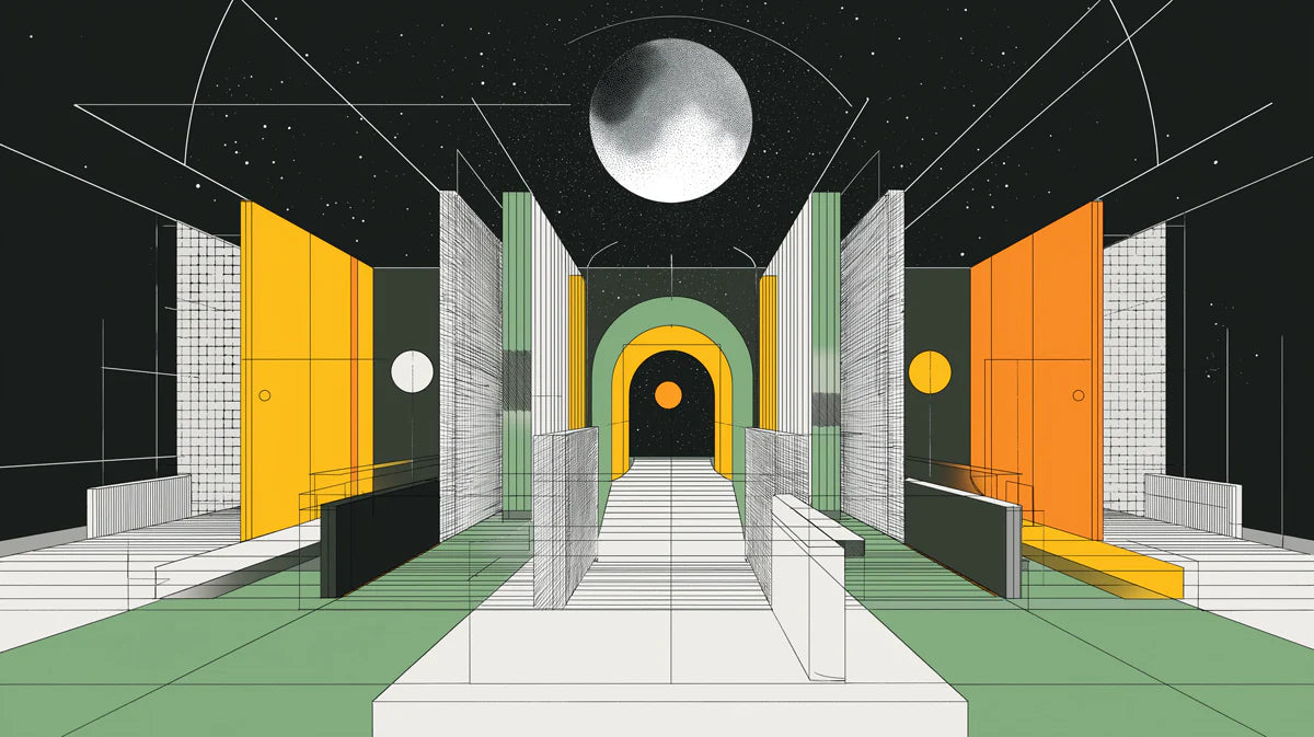 Celestial Gateway Mural Wallpaper — Mid-Century Architectural Art Mural Wallpaper - room preview 02