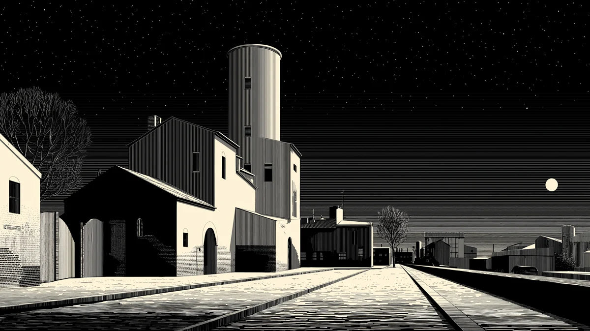 Industrial Night Landscape Mural Wallpaper — Monochromatic Sketch Mural Wallpaper - room preview 02