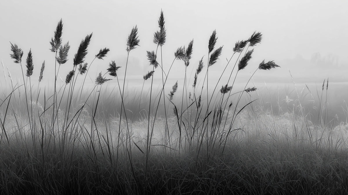 Misty Reed Field Landscape Mural Wallpaper — Monochrome Nature Mural Wallpaper - room preview 02